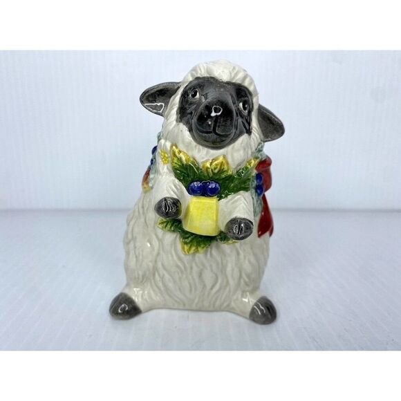 Vintage 1995 Fitz and Floyd Berries Ribbon Holiday Sheep Salt Pepper Shaker Set - Picture 4 of 10